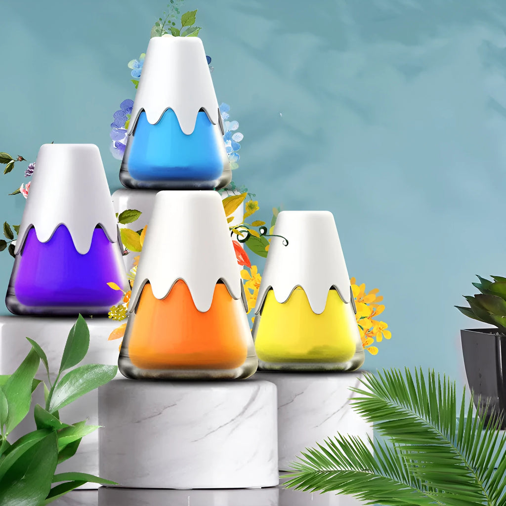 Snow Mountain car aroma diffuser in glass paste construction showing four colour options: purple, lime, laurel, and blue.