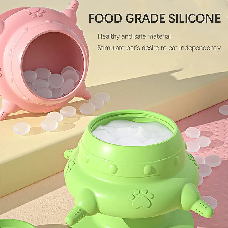 Pink silicone pet milk feeder with bionic breast design and four pacifiers for puppies and kittens