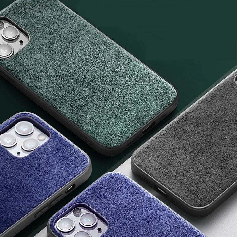 Suede full-cover iPhone phone case in dark blue, dark night green, or elegant black.