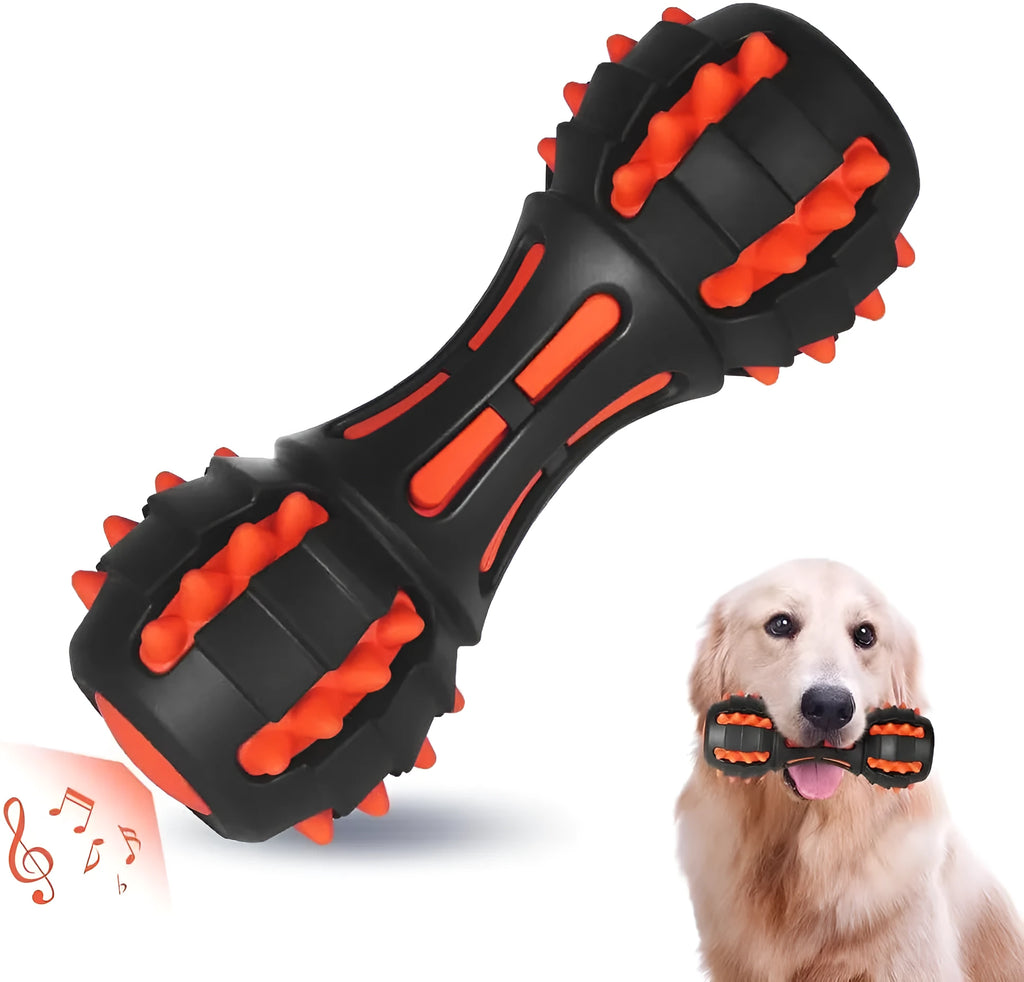 Red dumbbell-shaped dog chew toy made of natural rubber with textured surface