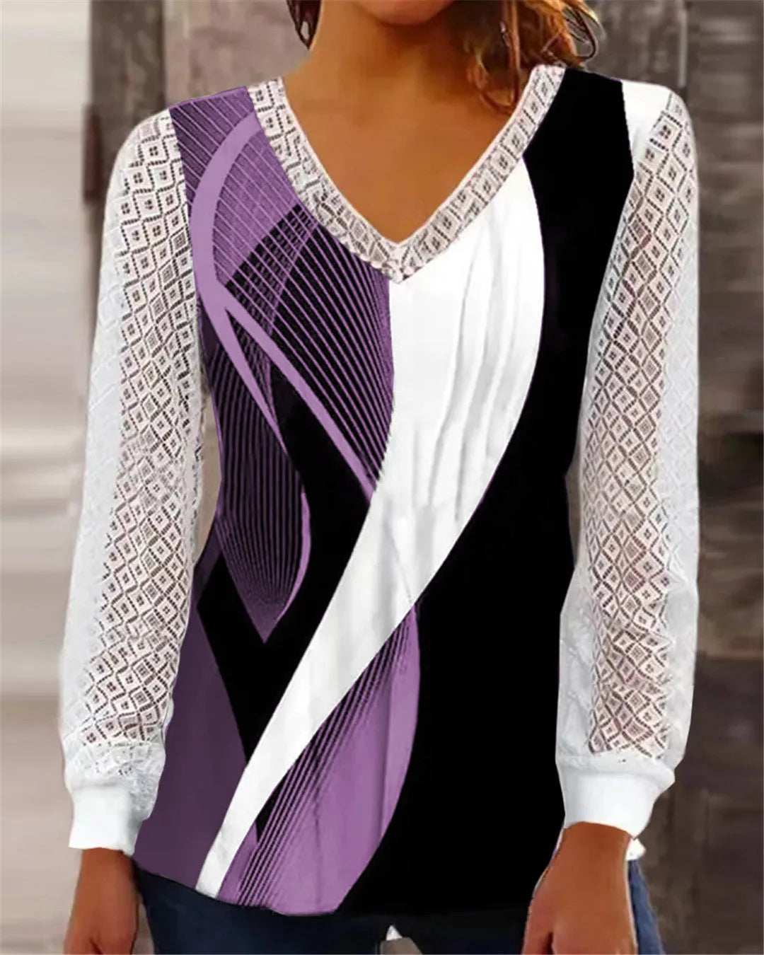 Women's V-neck loose fit hollow-out lace top in purple, wine red, grey, or blue with long sleeves