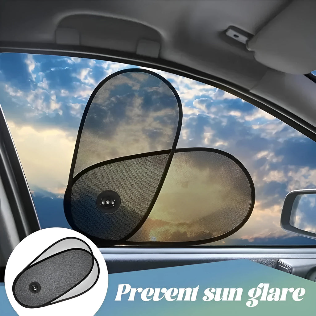 Black stretchy car window shade with suction cups attached to a side window.