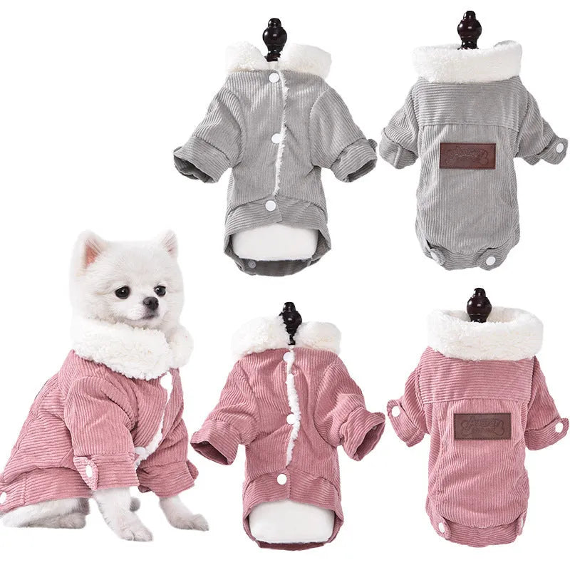 Dog wearing grey lambswool fleece-lined vest for autumn and winter warmth keeping