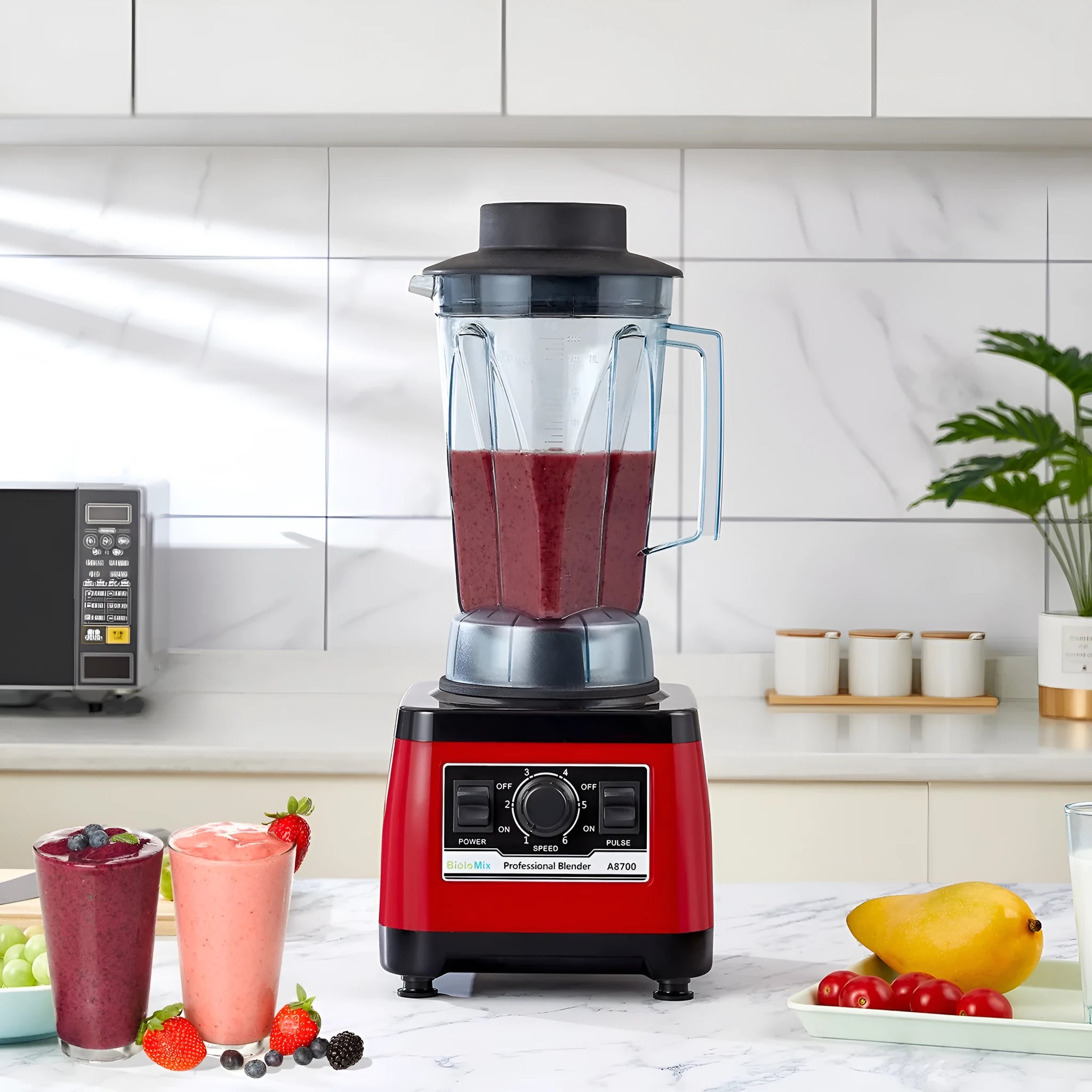 Red A8700 model commercial blender with 2200W motor and 2-litre capacity jug.