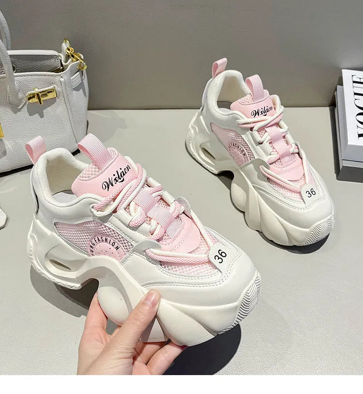 Women's beige thick bottom sneakers with cross straps and 3-5CM mid heel