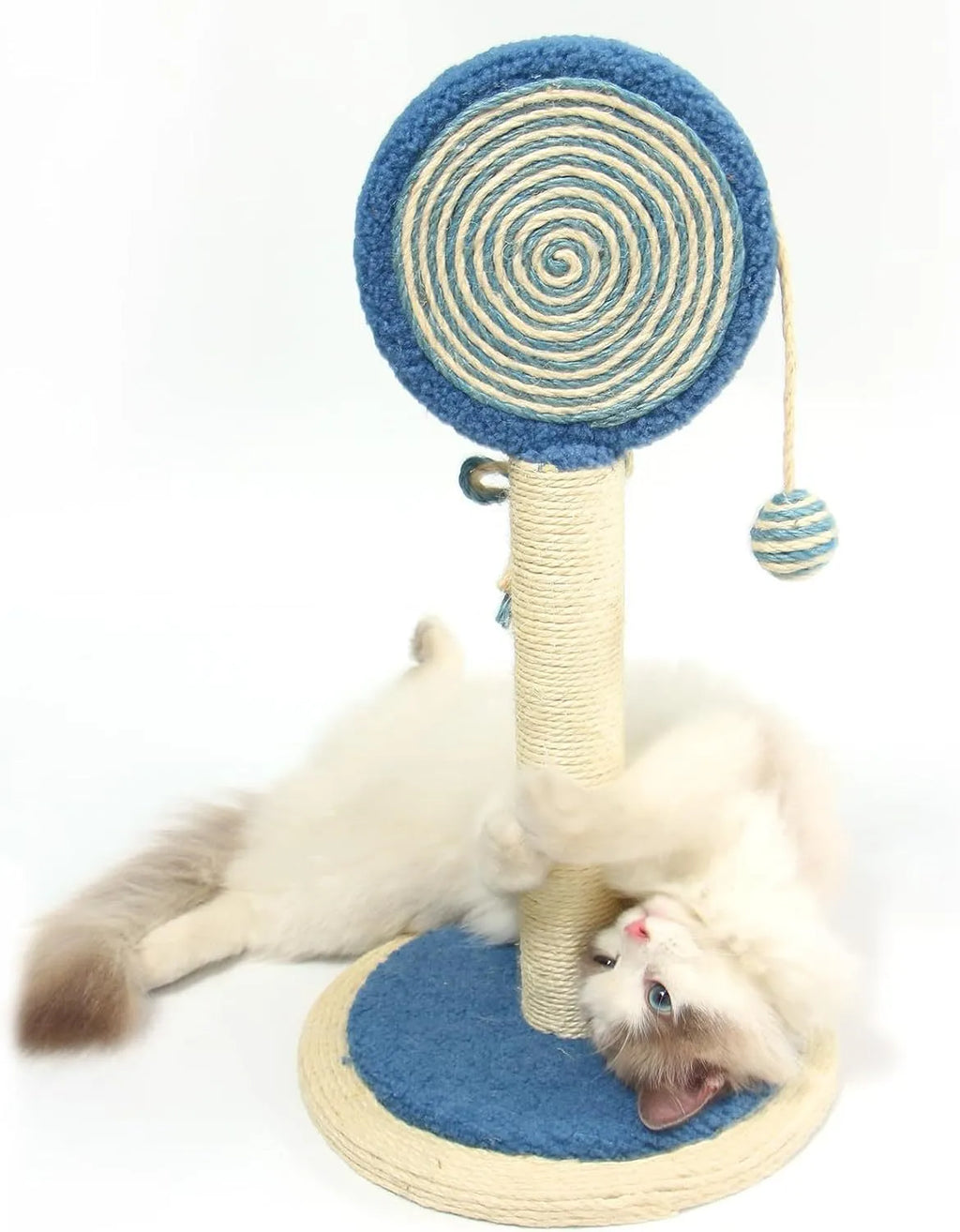 Blue cat scratching post with natural sisal rope and a hanging yellow ball toy on a sturdy wooden base.