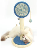 Blue cat scratching post with natural sisal rope and a hanging yellow ball toy on a sturdy wooden base.