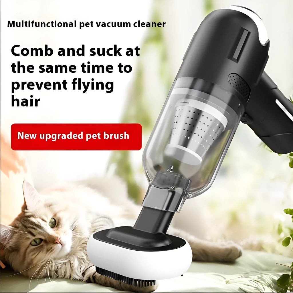 Wireless handheld pet hair vacuum cleaner with multiple nozzle attachments on a white background.