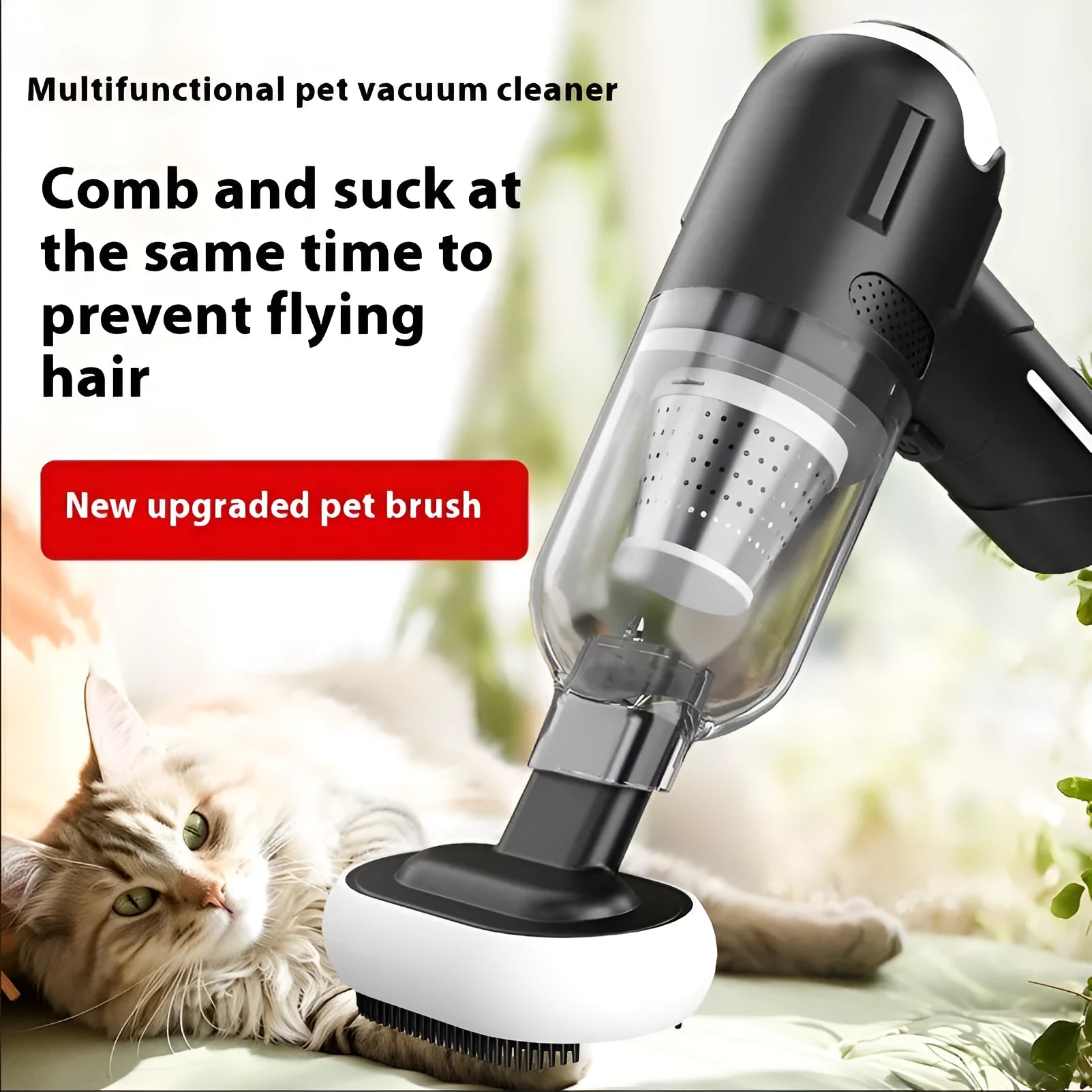 Wireless handheld pet hair vacuum cleaner with multiple nozzle attachments on a white background.