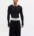 Mesh see-through texture slim-fit black pullover with long sleeves and round collar