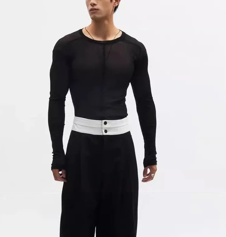 Mesh see-through texture slim-fit black pullover with long sleeves and round collar