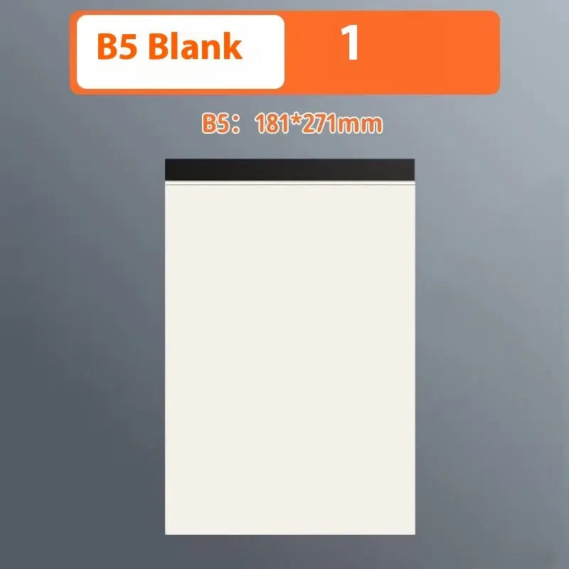 A5, B5, and A4 writing pads showing horizontal line, grid, and blank ruling options with 80 wood-free paper sheets