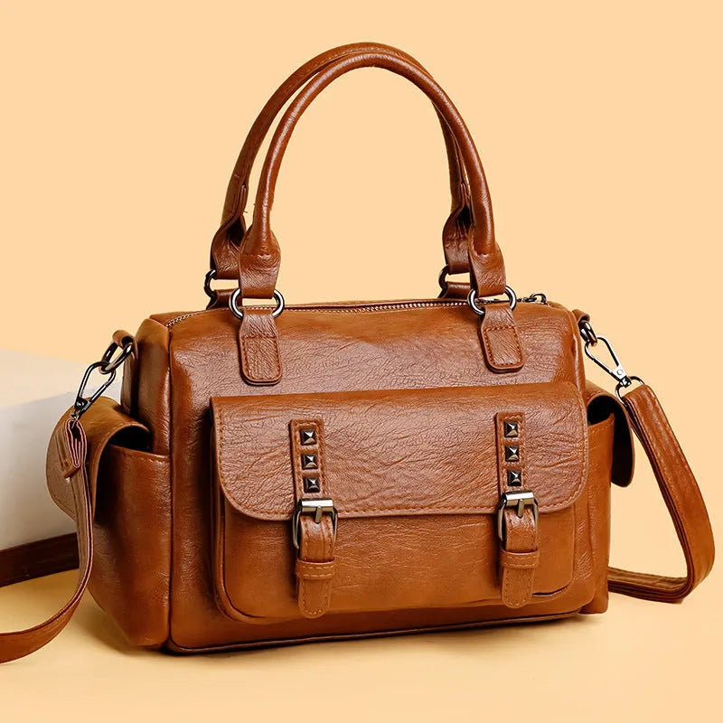 Large vintage messenger bag in PU leather with contrast stitching, shown in horizontal square shape.