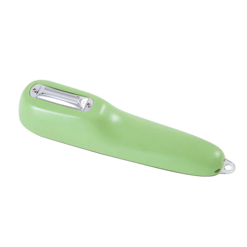 Dark green fruit vegetable peeler with storage tube showing stainless steel blade and hanging hole