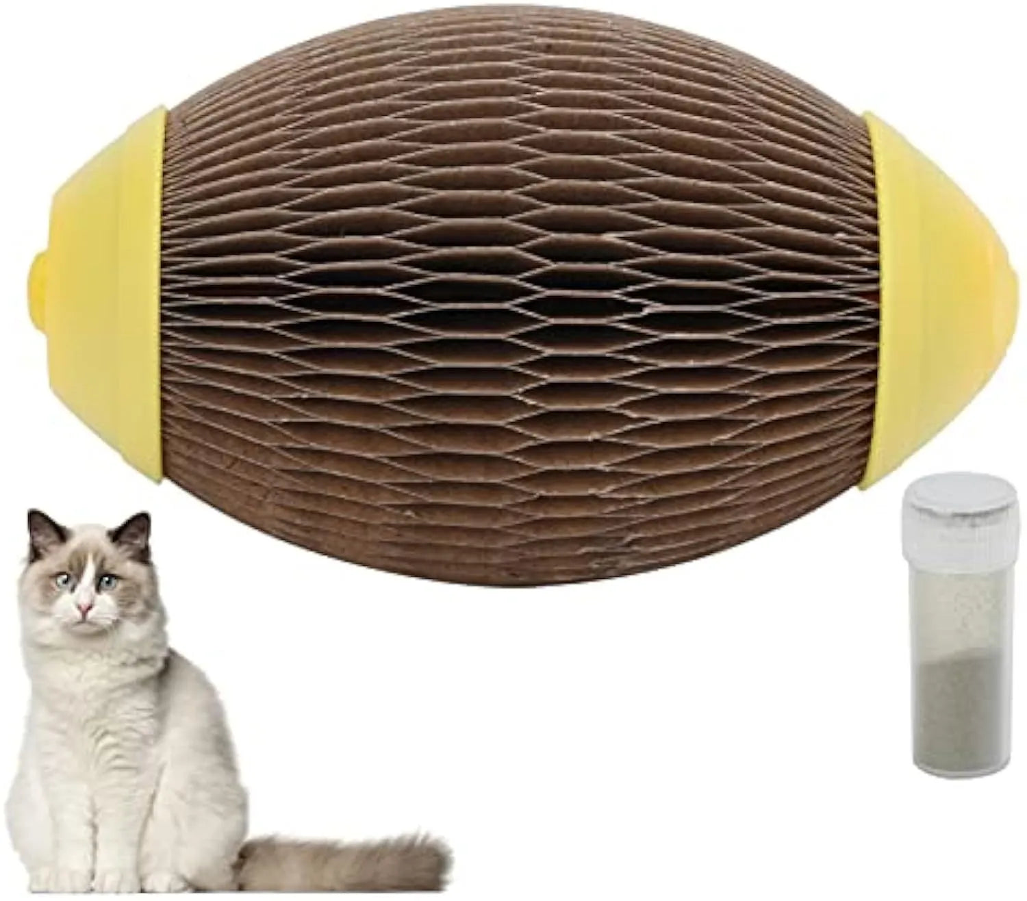 Elliptical catnip ball toy made from recycled corrugated paper for cats to play with.