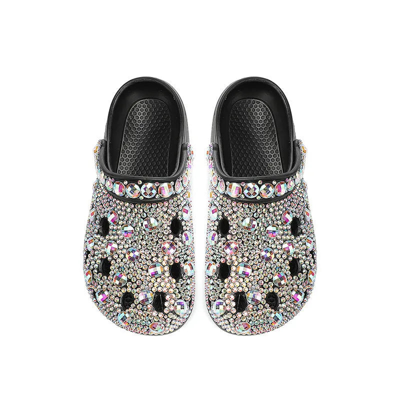 Black women's platform sandals with rhinestone details on holes, EVA material
