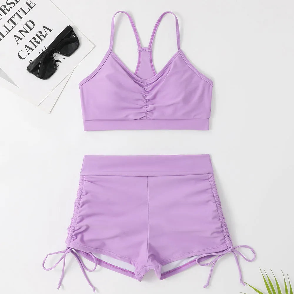 Women's purple and black high waist split swimsuit bikini set for swimming activities