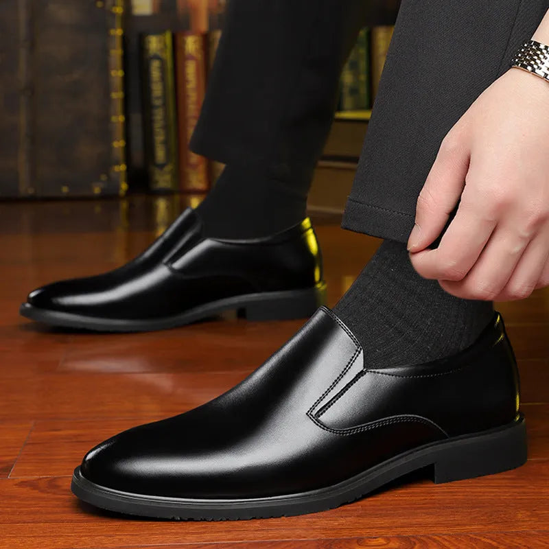 Men's black leather slip-on business casual shoes with low top and rubber sole