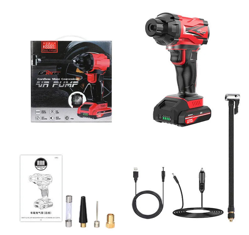 Red and black portable car air pump with digital display, power cable, and multiple nozzle attachments