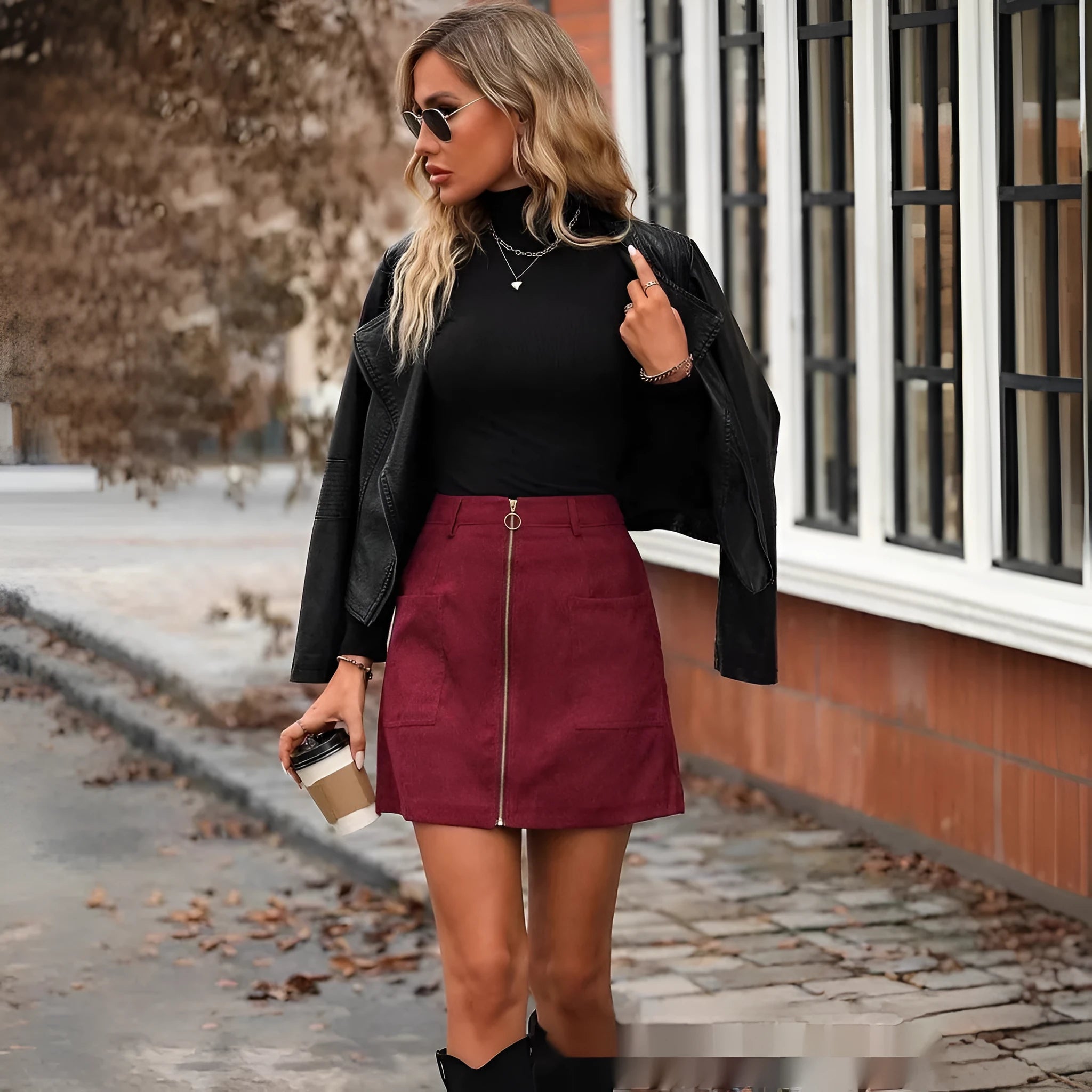 Women's high waist zipper short skirt in European style hip skirt design