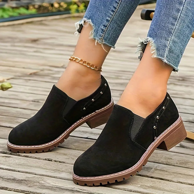 Plus size women's light brown suede ankle boots with low thick heel and elastic band