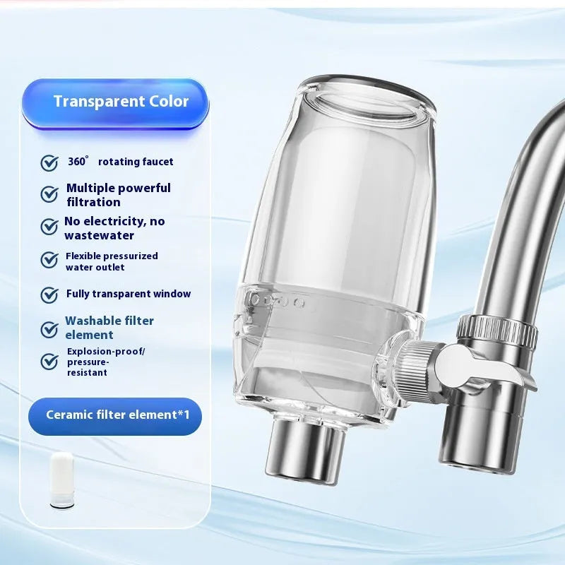 Ceramic faucet-mounted water filter unit for direct tap connection.