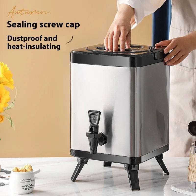Silver stainless steel milk tea bucket with square lock closure, 8-litre capacity.