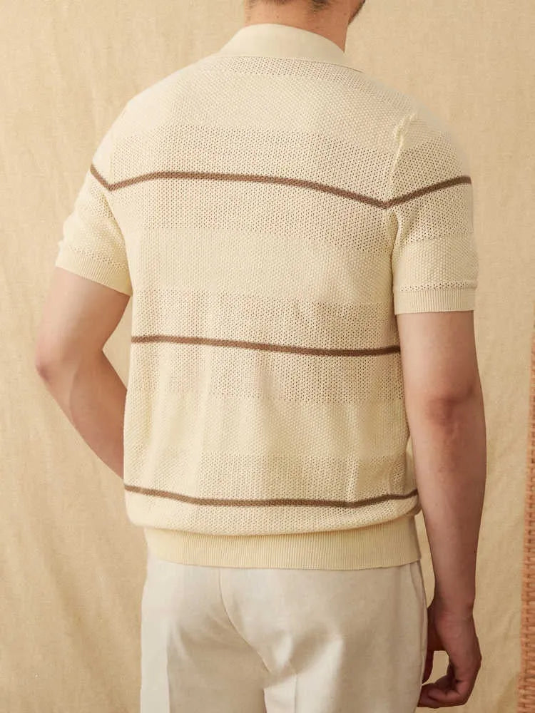 Men's camel coloured lapel cardigan with short sleeves made from a cotton and linen blend fabric.