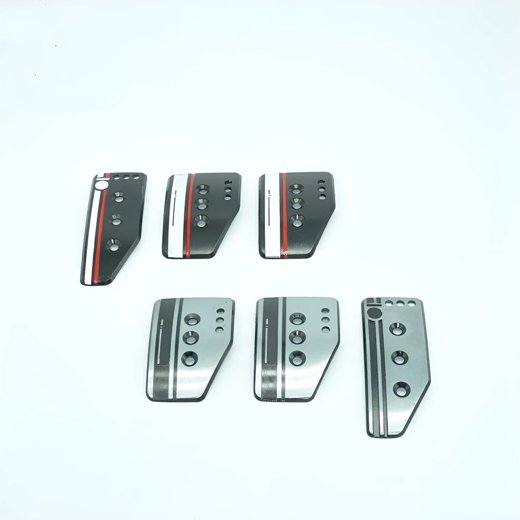 Aluminium alloy manual transmission car pedal kit showing three pedals with screws and nuts