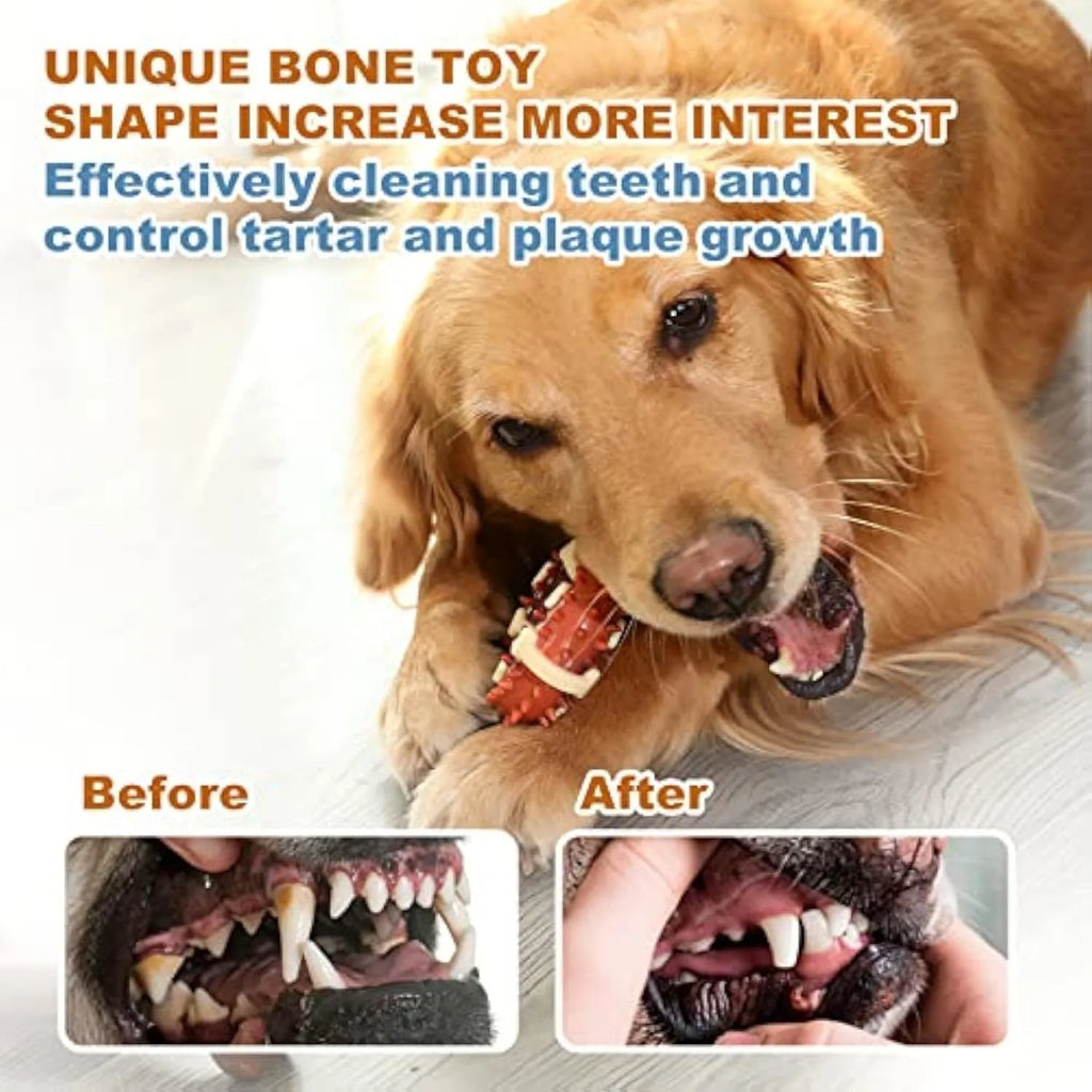 Natural rubber bone-shaped dog molar chew toy for teeth grinding and anxiety relief in two sizes.