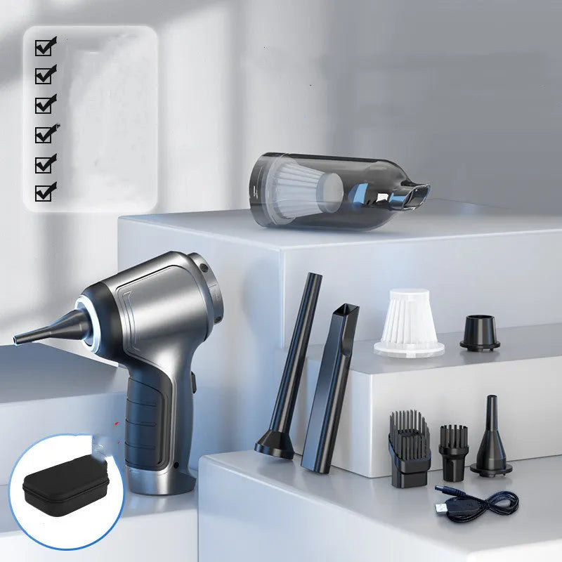 Handheld car vacuum cleaner with brushless motor and inflatable nozzle attachment on grey background