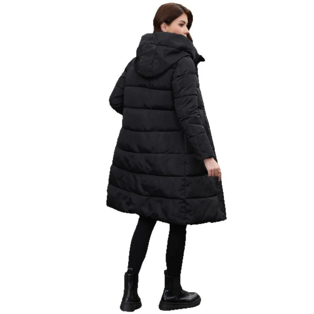 Black slim fit hooded jacket with long sleeves on a hanger.