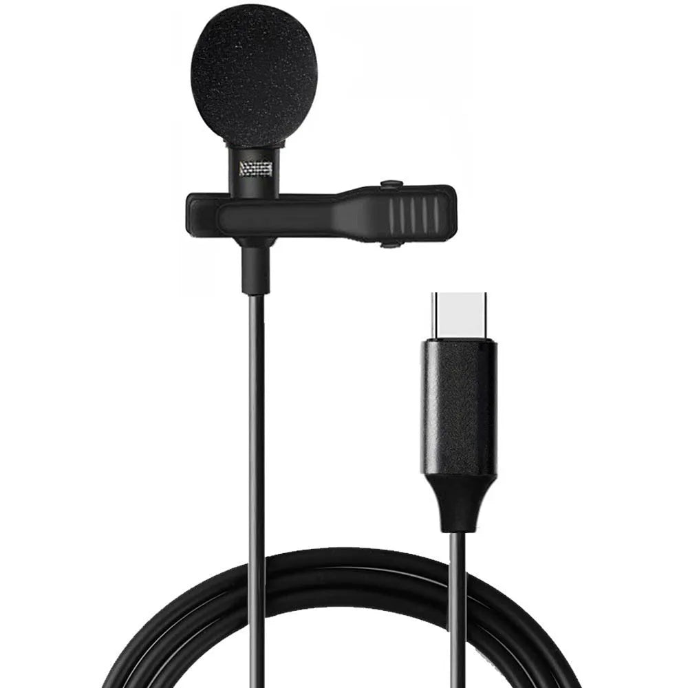 Black USB-C lavalier microphone with digital DAC chip, metal clip, sponge cover, and storage bags.