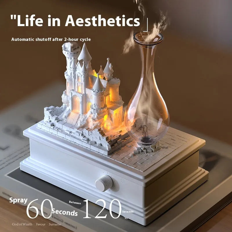 White medieval castle aromatherapy machine with cold fragrance diffuser and ambient lighting