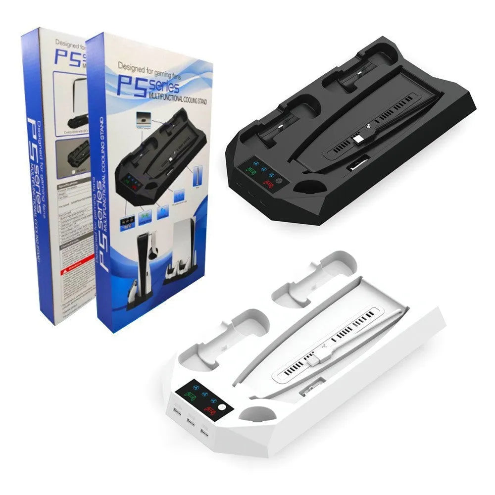PS5 charging base radiator stand in black with controller dock and vertical console support