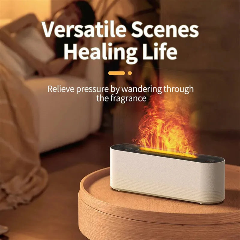 Black ultrasonic humidifier and aroma diffuser with LED flame lights emitting cool mist