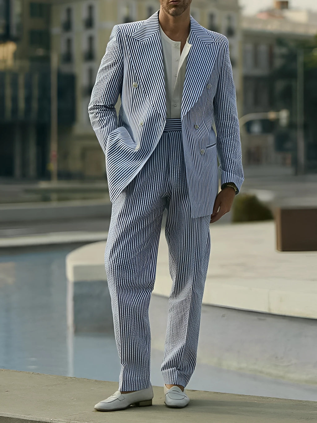 Blue and white striped polyester suit set with blazer and trousers on a hanger