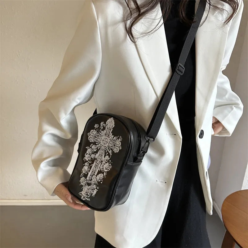 Halloween graffiti phone bag with pumpkin ghost bat cartoon print, black colour, crossbody strap.