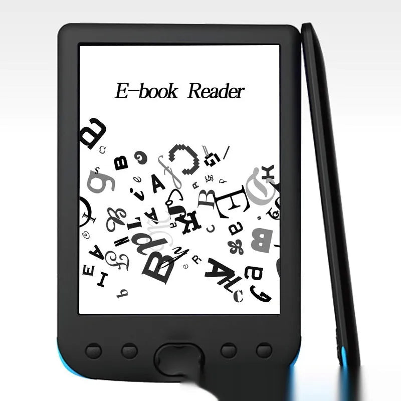 Black 6-inch E-ink screen e-book reader held in a hand, showing a page of text.
