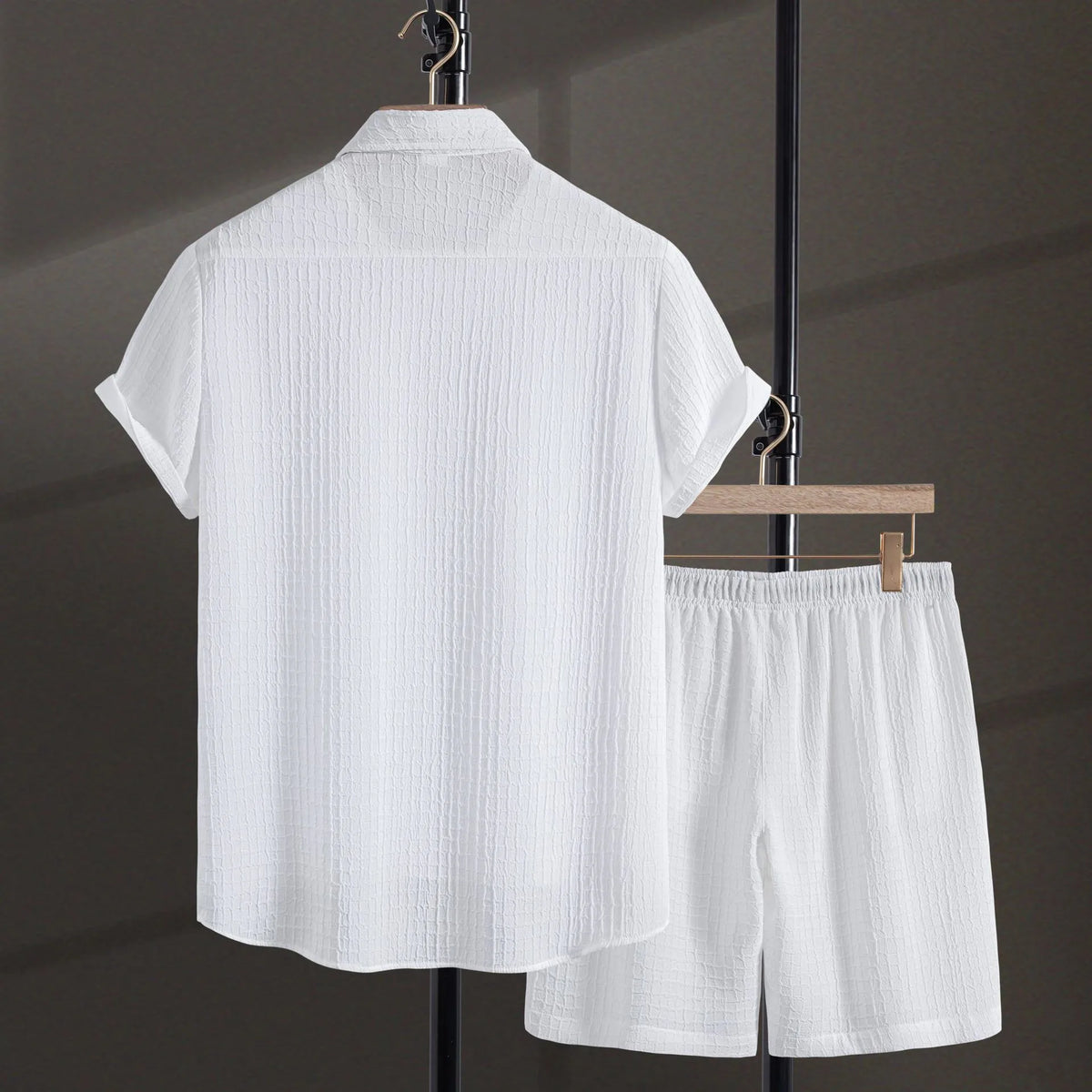 Men's white cotton blend jacquard short sleeve shirt and shorts casual suit set
