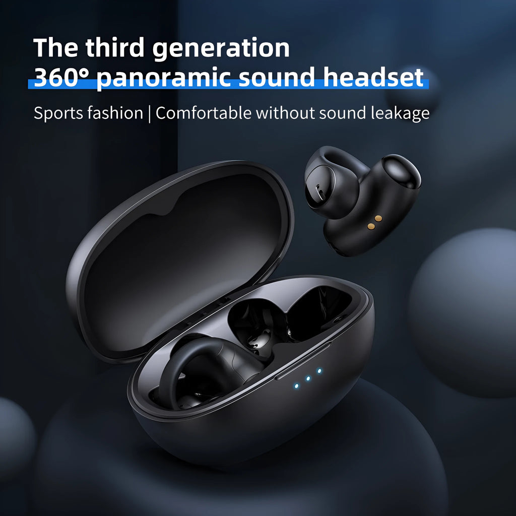 Black T306 wireless Bluetooth sports headset with ear hook and clip-on design for gaming and fitness.