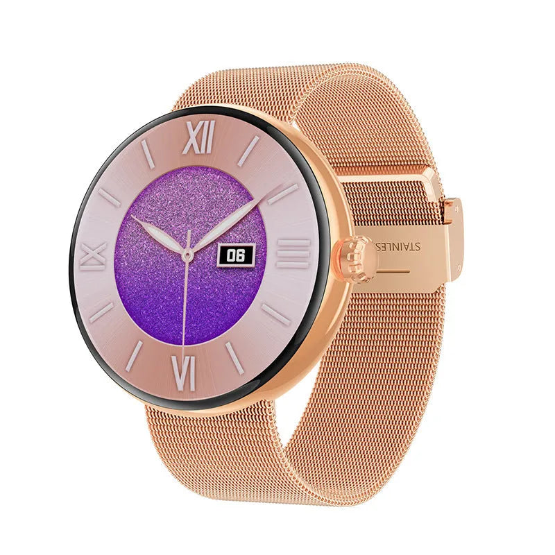 Women's smart watch with circular colour touchscreen display and metal wrist strap
