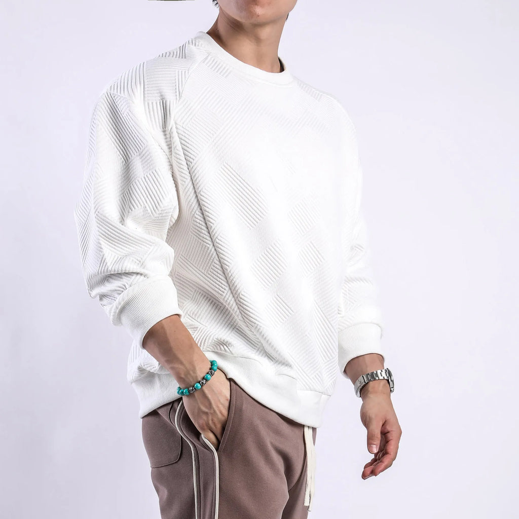 Men's twill jacquard long sleeve pullover sweater in loose fit with round neck