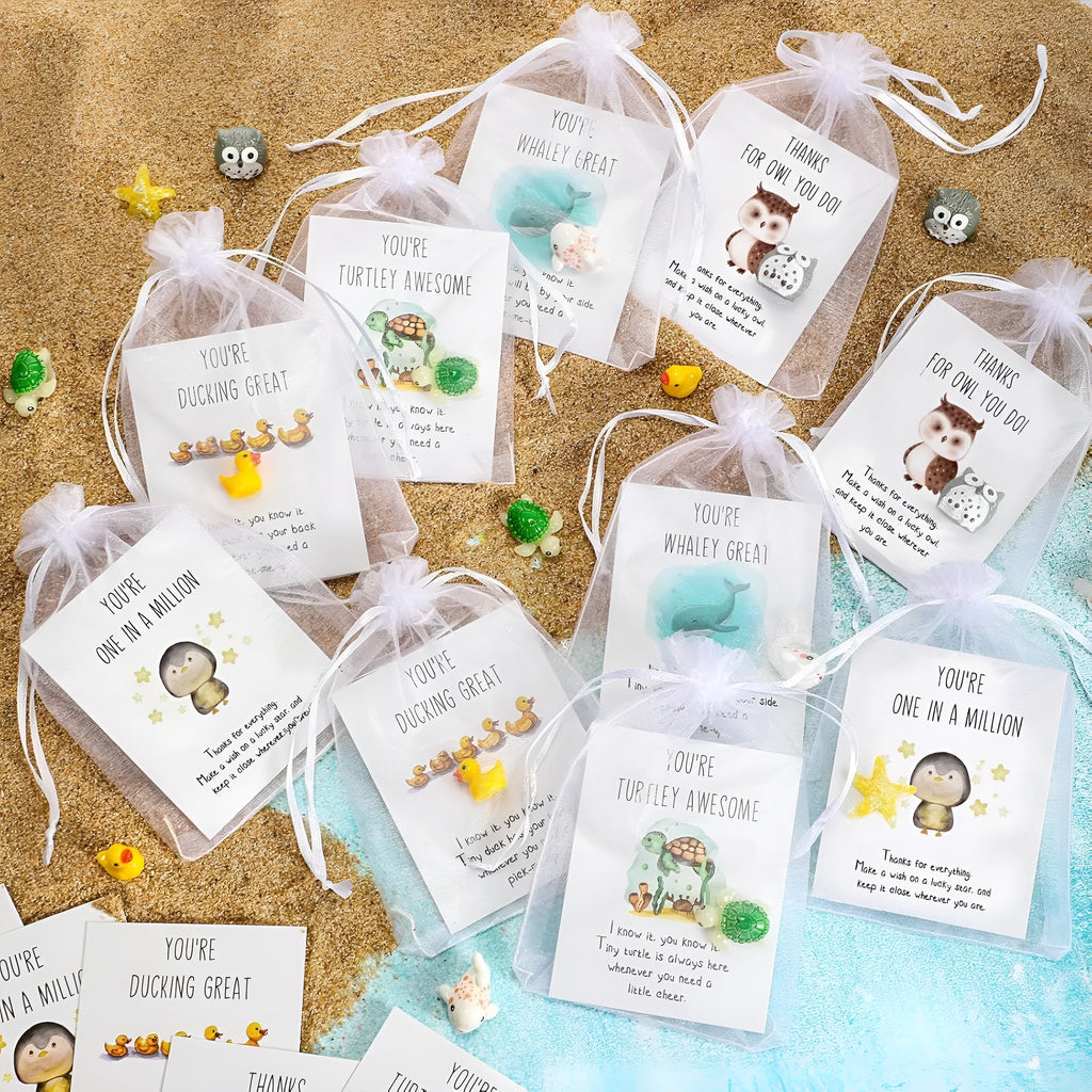 Set of resin pun memo cards with motivational quote for office gifts on a desk.