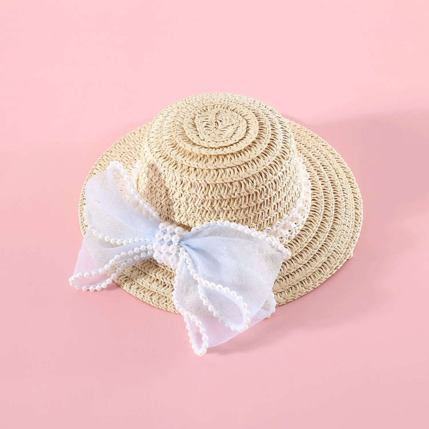 Woven Lafite leaf cat hat with pearl bow decoration in butterfly design