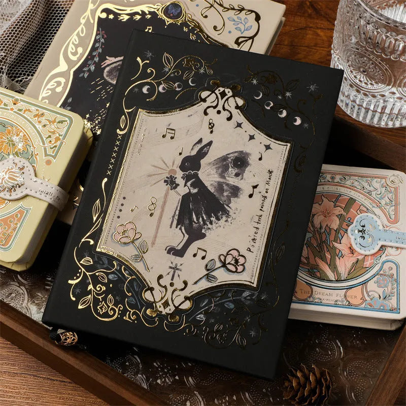 THALO A5 retro art notebook with gothic style cover, open on wood pulp paper.