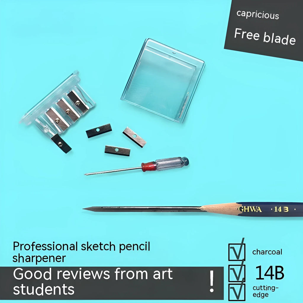Four hole plastic pencil sharpener with geometric design and integrated screwdriver for art pencils