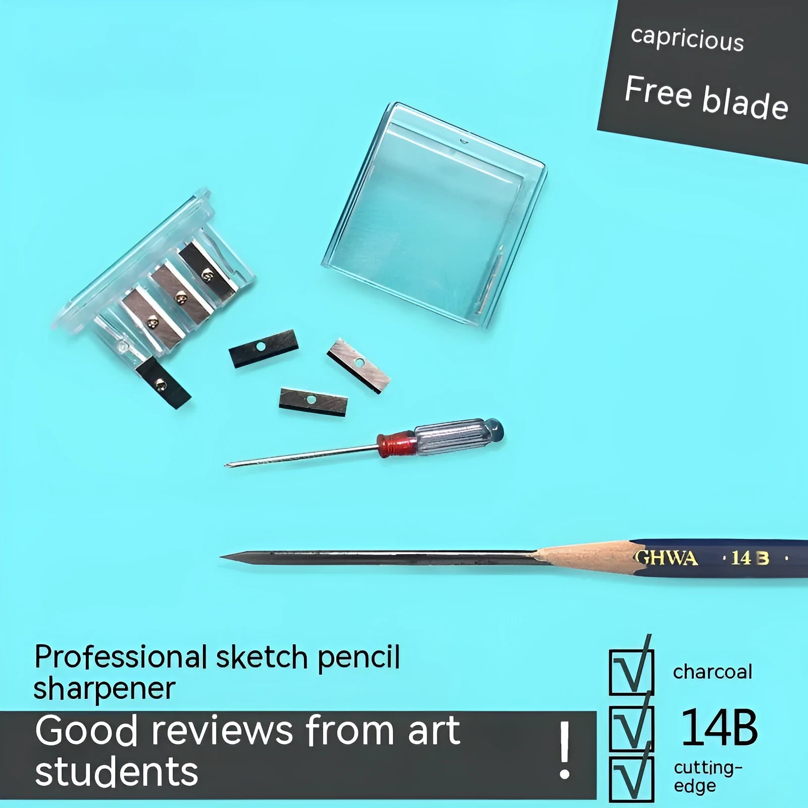 Four hole plastic pencil sharpener with geometric design and integrated screwdriver for art pencils