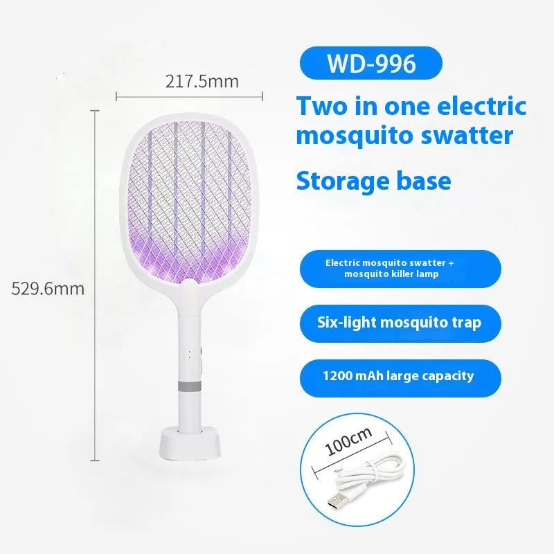 Yellow and blue rechargeable electric mosquito swatter with USB charging cable.