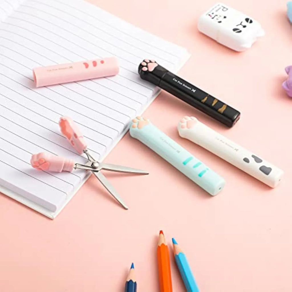 Cat paw design mini folding scissors in four colour options with stainless steel blades